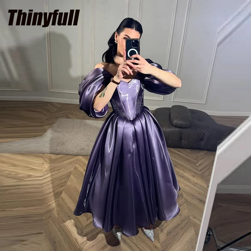 Thinyfull A-line Arab Prom Dresses Off Shoulder Evening Birthday Gown Tea-Length Formal Dress robes de soirée Customized