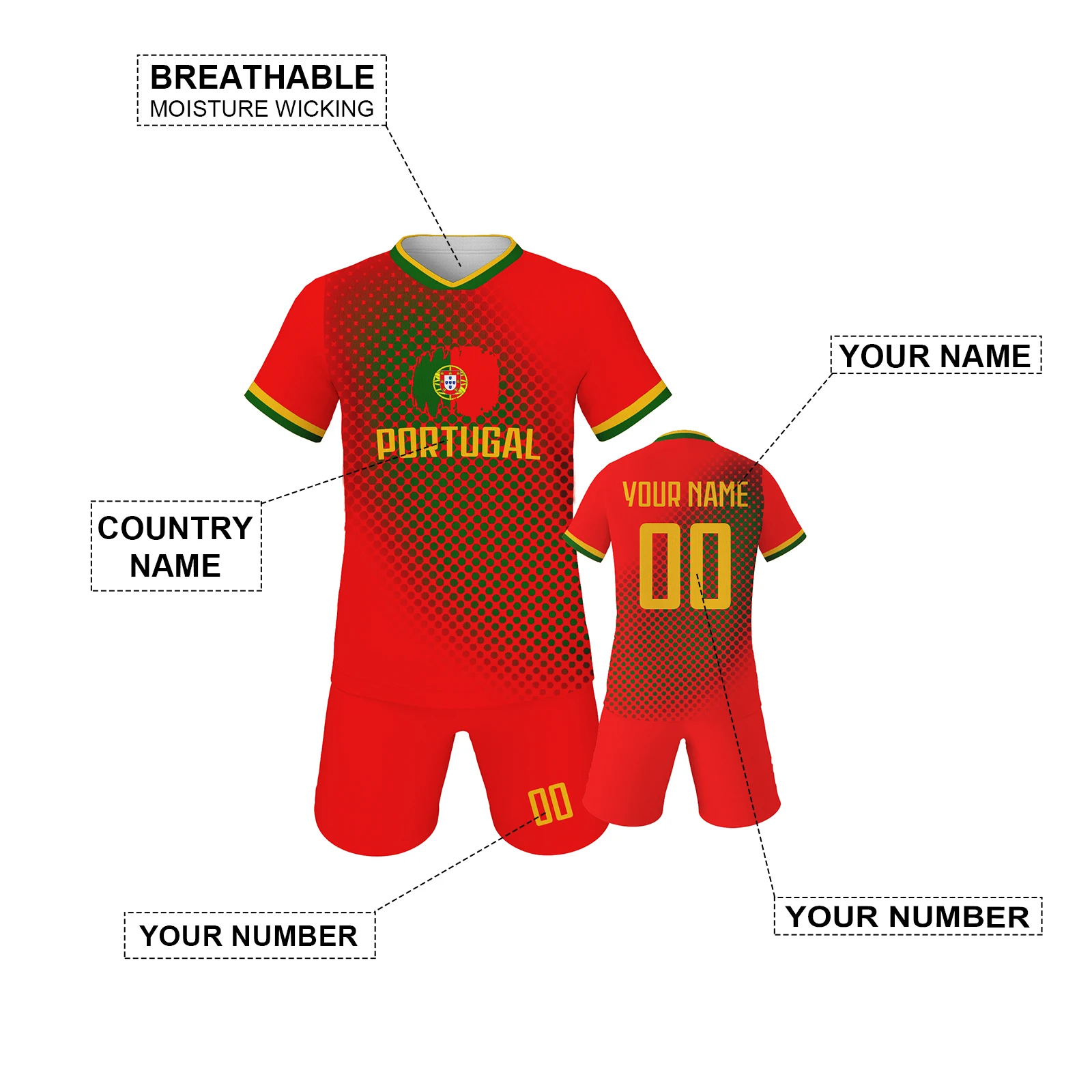 Portugal Custom Soccer Jersey Shorts Kit National Team Kids Football Shirt Personalized Name Number Uniform for Boys Girls Fans