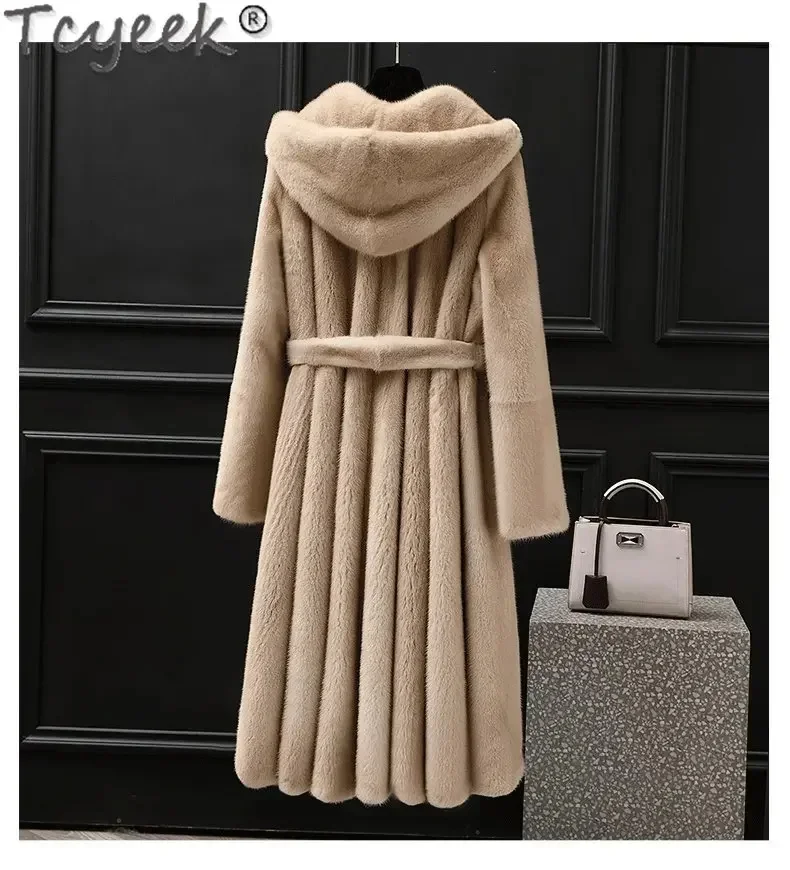 2024 Tcyeek High Quality Natural Coats Real Coat Women Belt Warm Mid-length Winter Genuine Mink Fur Jackets Female