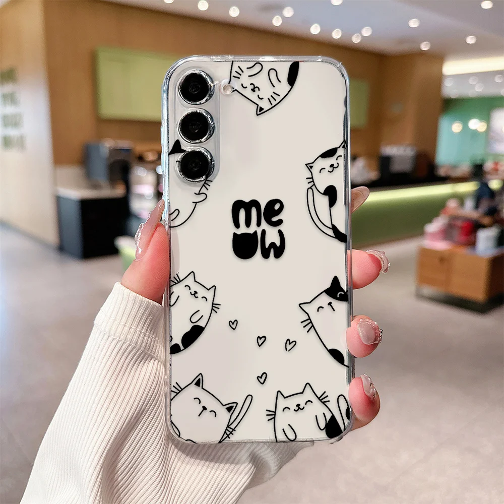 Happy Black Cat Transparent Phone Case Suitable for Samsung Galaxy S25 Ultra, A14 4G/5G, A15, A16, A25, A26, A34, A35