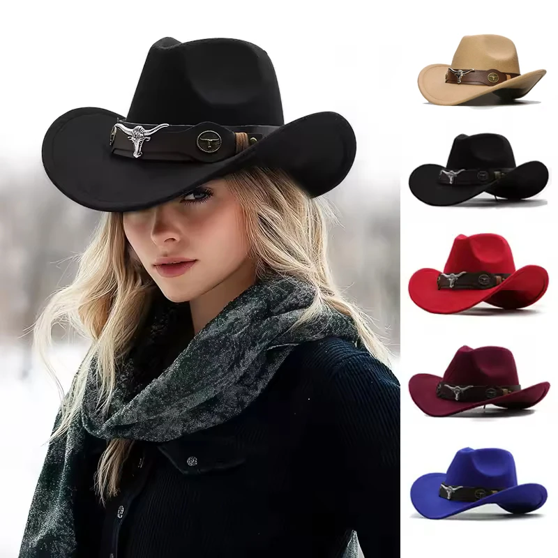 

Western Style Cowboy Hat Jazz Top Hat Men Ethnic Cow Head Ribbon Felt Cowgirl Cap Women Children Riding Fedora Hat Size S M L
