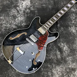 Glossy Black Color Flame Maple Electric Guitar with Double F Holes Hollow Body,Grote Jazz