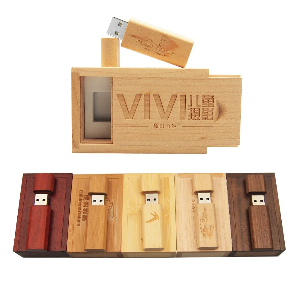 50 PCS LOT USB Flash Drive 16GB Free Custom Logo Pen Drive 128GB Wooden Box Memory Stick 64GB Photography Wedding Gift Pendrive