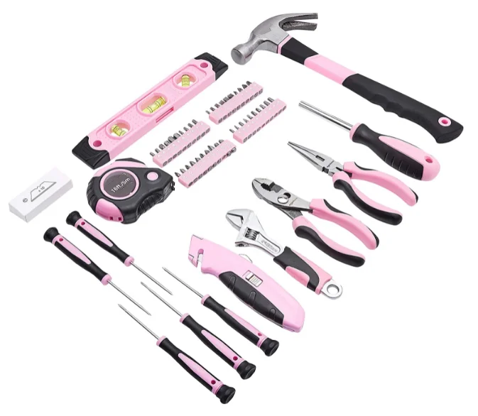 104 Piece Pink Tool Set Ladies Tools Kit with Easy Carrying Round Pouch