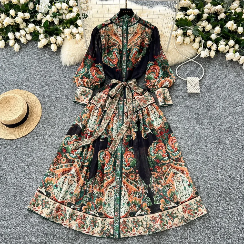 Chic Print Basics Stand Neck Slim Single Breasted Lantern Sleeve Lace-up Dress Vintage Women High Street Evening Party Clothing