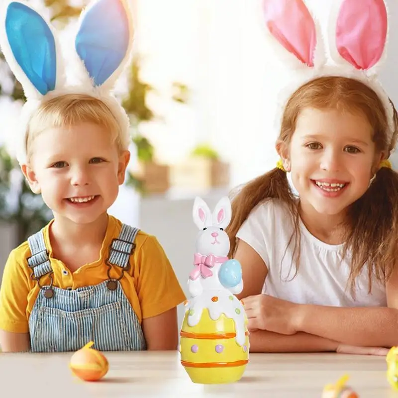 Happy Easter Decoration Colorful Easter Bunny With Egg Statue Resin Funny Table Rabbit Ornaments For Desktop, Shelf, Fireplace