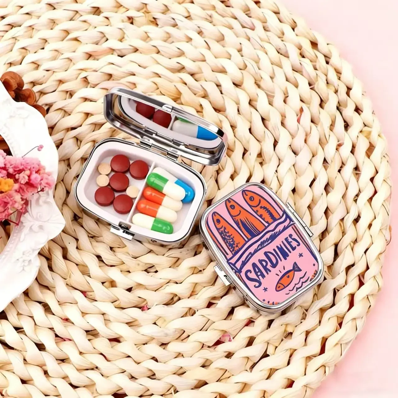 Cute Sardines Print Metal Pill Case, Portable 2-Compartment Mini Pill Organizer, Small Travel Medicine Box for Pocket & Purse