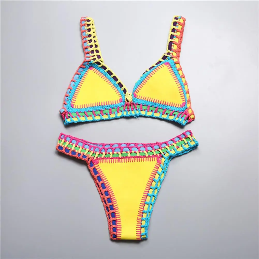 2 Pcs/Set Summer Bikini Set Bathing Suit Bright Color Patchwork Beachwear Handmade Crochet Women Swimsuit for Beach