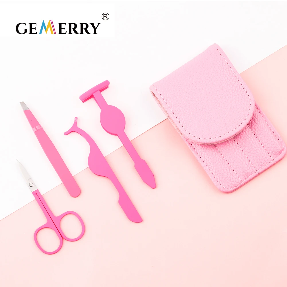 GEMERRY Stainless Steel Eyelash Curler Eyebrow Clip Eyebrow Scissor Aid Four-piece Set Tweezers Holster  Makeup Tools