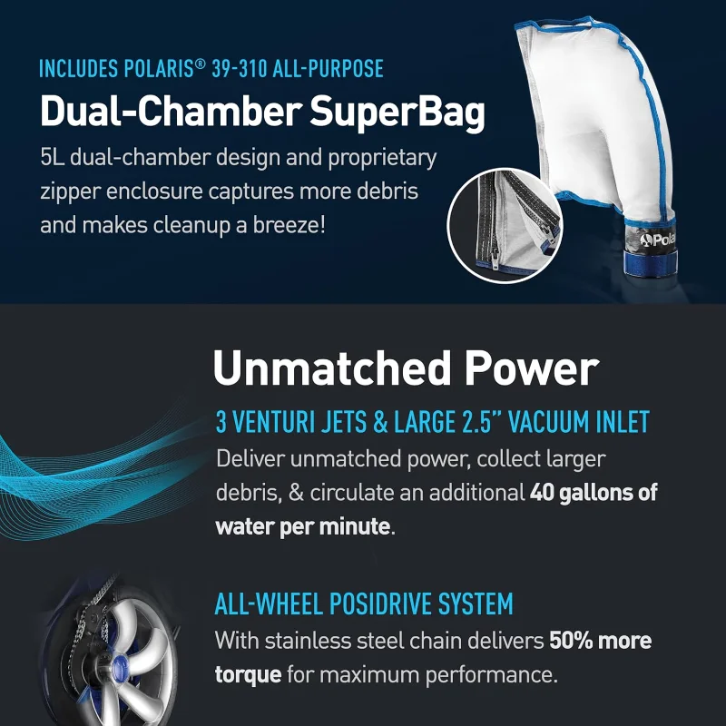 Polaris Vac-Sweep 3900 Sport Pressure Inground Pool Cleaner, Triple Jet Powered, พร้อม SuperBag แบบ Dual Chamber สําหรับเศษซาก