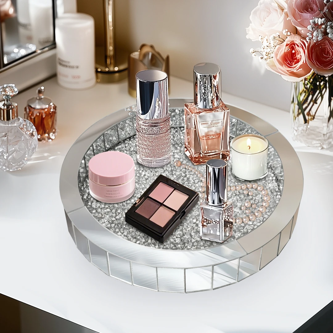 Dekoratives rundes Tablett mit zerkleinerten Diamanten, verspiegelter Schmuck- und Parfüm-Organizer, Schminktisch-Kommode-Tablett für Badezimmer und Schlafzimmer – Detail 1
