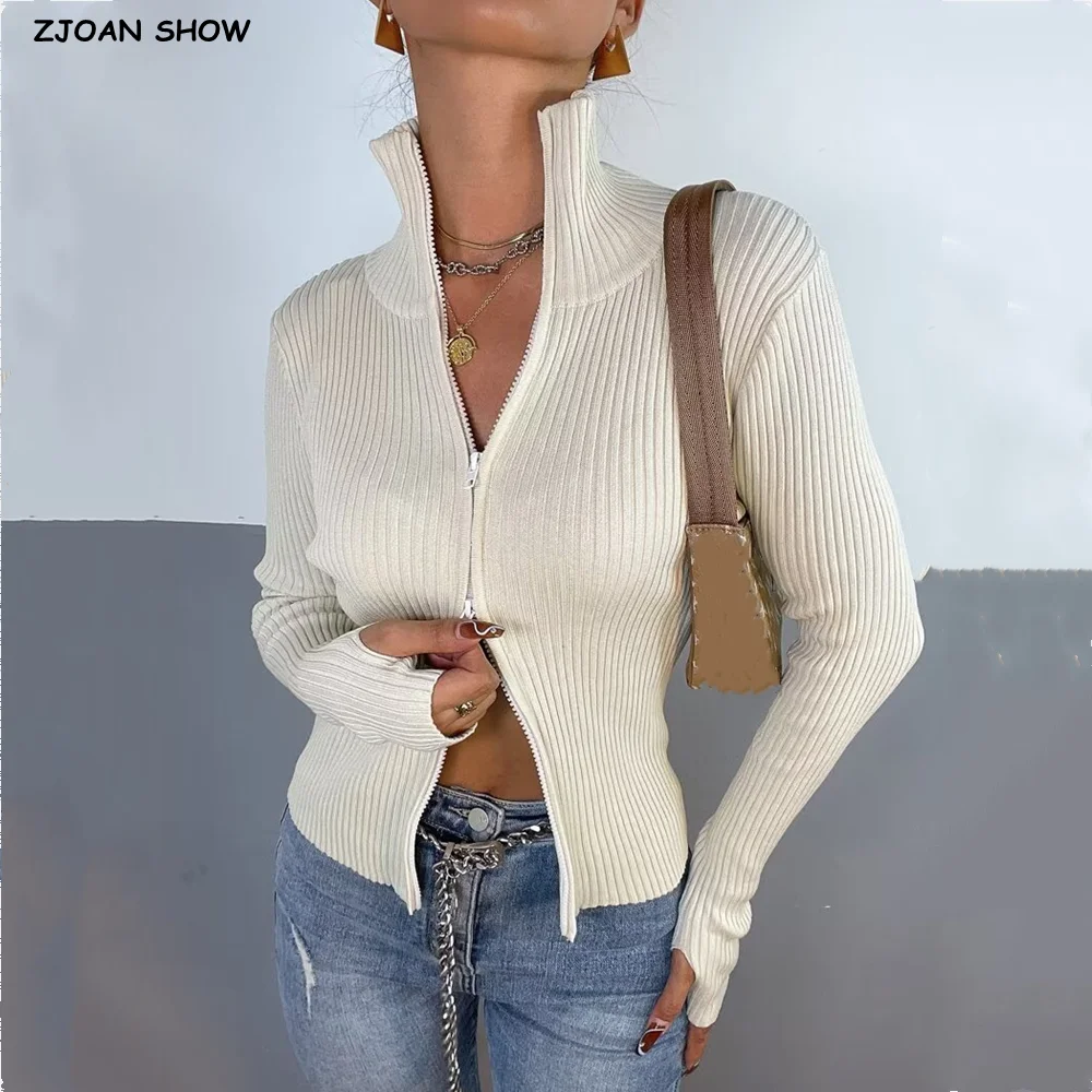 

Осень-зима Harajuku женский высокий воротник в рубчик вязаный кардиган с двумя головками и открытой молнией, короткий толстый свитер с длинными рукавами