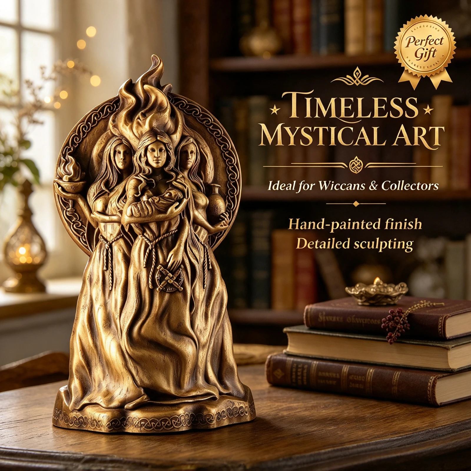 Resin Statue Faux Bronze Triple, Goddess Moon Decor Tree Of, Life Pagan Wicca Altar Ornament, Home Room Table Decoration Gift