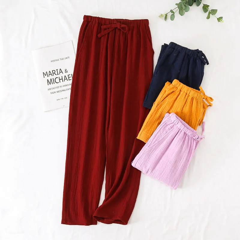 Japanese 100% Crepe Cotton Loose Casual Trousers Solid Color Pants Women\'s Spring And Summer Double Gauze Home Pants