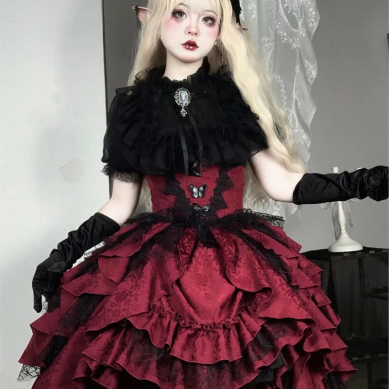 Manor dark Gothic style black shirt red pull up suit dress