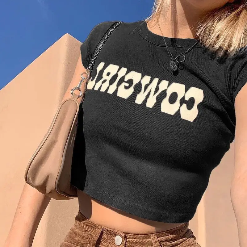 

O-Neck Crop Tops Women Summer Fashion COWGIRL Print Casual T Shirts Basic Sexy Streetwear Brown Short Sleeve Picnic ins