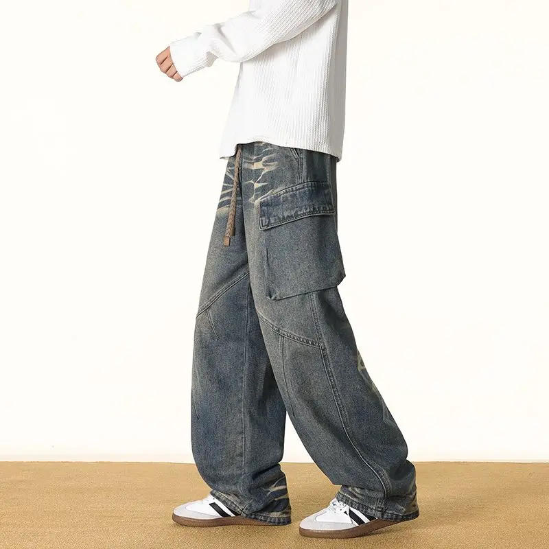 Men's Spring And Autumn Loose Jeans Fashionable Straight Leg Pants Washed And Polished White Work Pants Plus Size Casual Pants