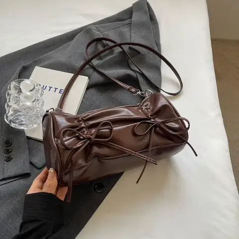 Fashion Y2K Shoulder Bag Bow Tie Large Capacity Underarm Bag PU Leather Pleated Bow Handbag Women