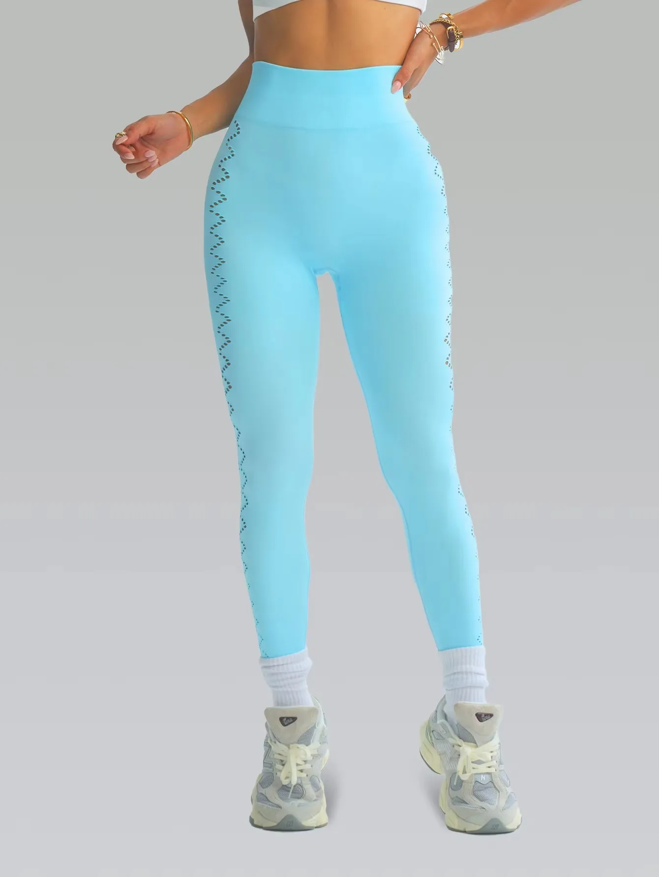 Damskie legginsy do biegania i jogi z wysokim stanem, ażurowe, sportowe, wyszczuplające spodnie do ćwiczeń, legginsy do biegania i jazdy na rowerze.