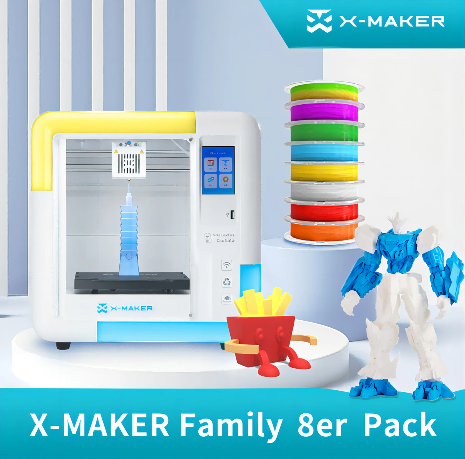 

3D-принтер X-Maker для детей и начинающих с 8-набором накаливания PLA, поддержка кровати без выравнивания, Wi-Fi-печать, бесшумное приложение для работы