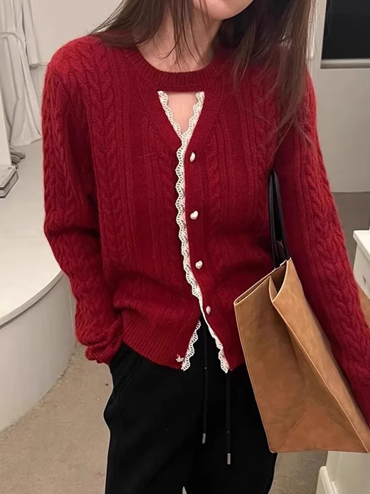 

Comfortable Long Sve Lace Knitwear Hollow out Casual Faionable Women's Camere Sweater Korean Sle Straight Cut Commute