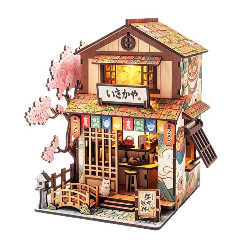 diy-木製日本麺レストランコテージミニチュアモデルキット家具付きカーサドールハウス友人の誕生日プレゼント用