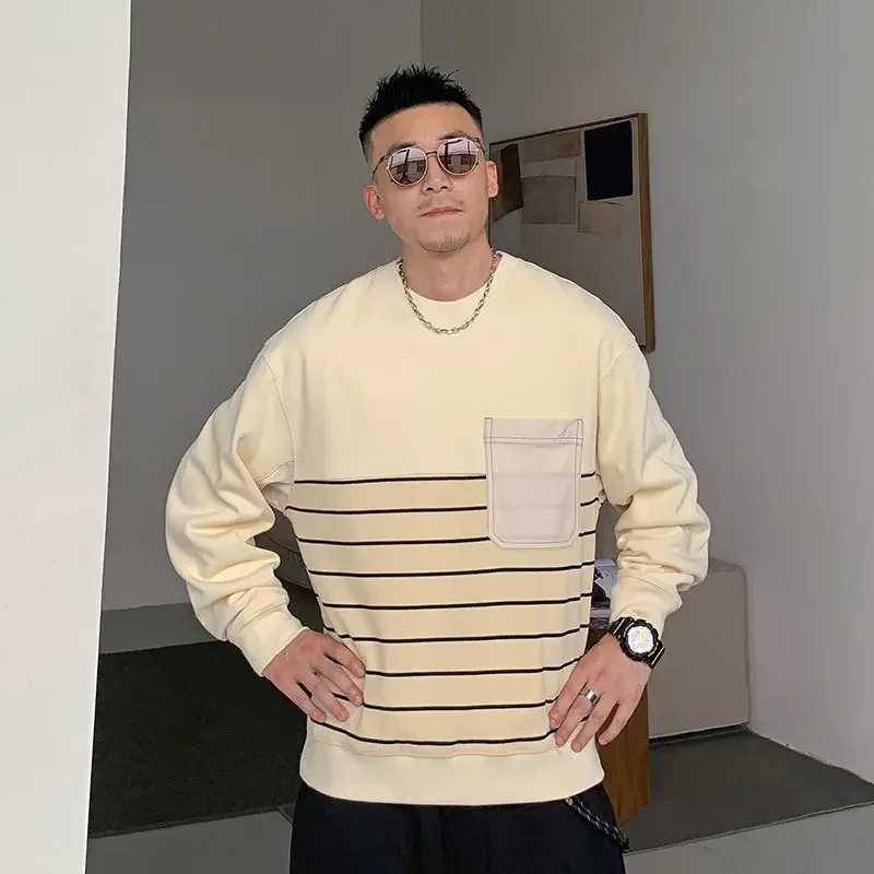Fashion O-Neck Spliced Pockets Striped Tee Shirt Men's Clothing Autumn Winter New Casual Pullovers