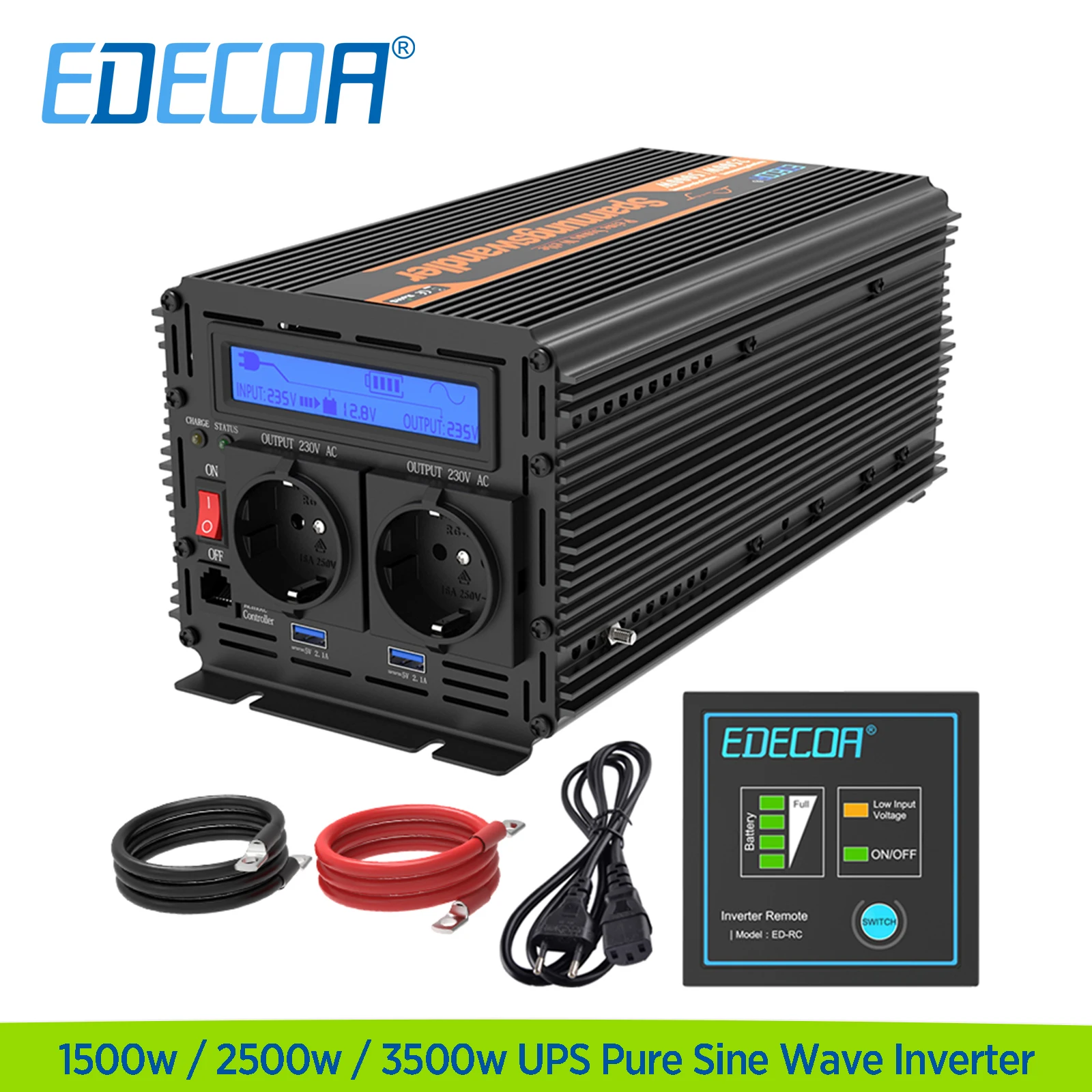 UPS Pure Sine Wave Inverter 1500w 2500w 3500w DC TO AC 12v 220v 230v Off Grid Power Converter Home Use Edecoa Inverter 12v 220v