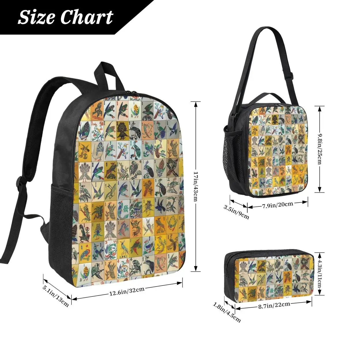 Mah Jongg Birds Mahjong Tiles Backpack Boys Girls BookBag School Bag Laptop Shoulder Bags 3ps Insulated Lunch Bag Pencil Case