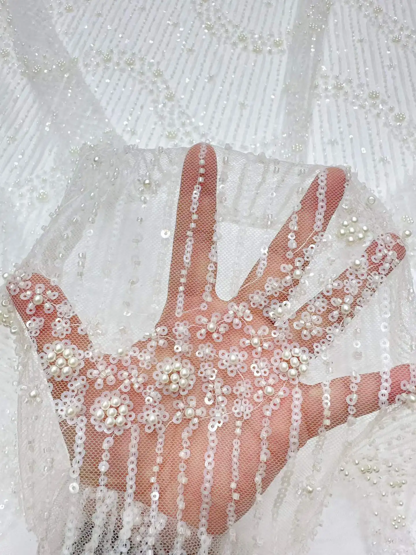 

2026Latest Best Quality Soft Pure white Elegant Tulle Lace With Lots Stones Fabric for Bride Wedding Party Dress NN6588_S