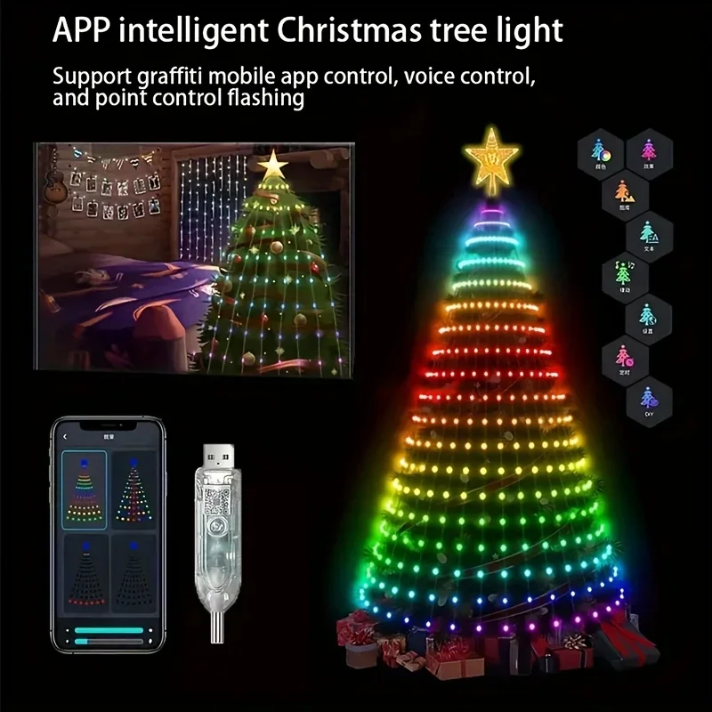 Intelligente Weihnachtsbaum-Lichter, 400 LEDs, USB 5 V LED-Lichterkette, DIY APP-Steuerung, Lichterkette, Girlande, für Weihnachtsbaum-Dekoration