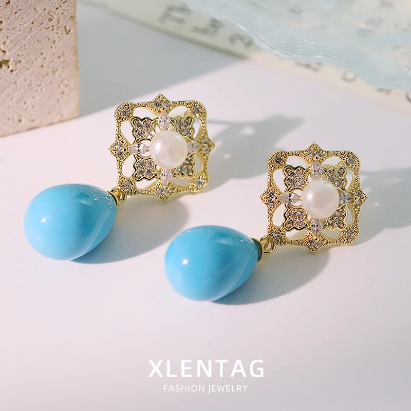 لؤلؤ المياه العذبة الطبيعية مربع الجوف الزركون مطعمة الفيروز قلادة أقراط خمر الأقراط الفاخرة النساء المجوهرات GE1747