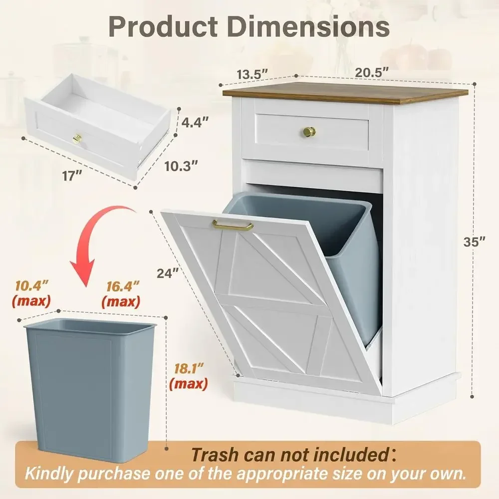 10 Gallon Wooden Trash Cabinet, Concealed Bin for Kitchen & Dining, White Laundry Hamper