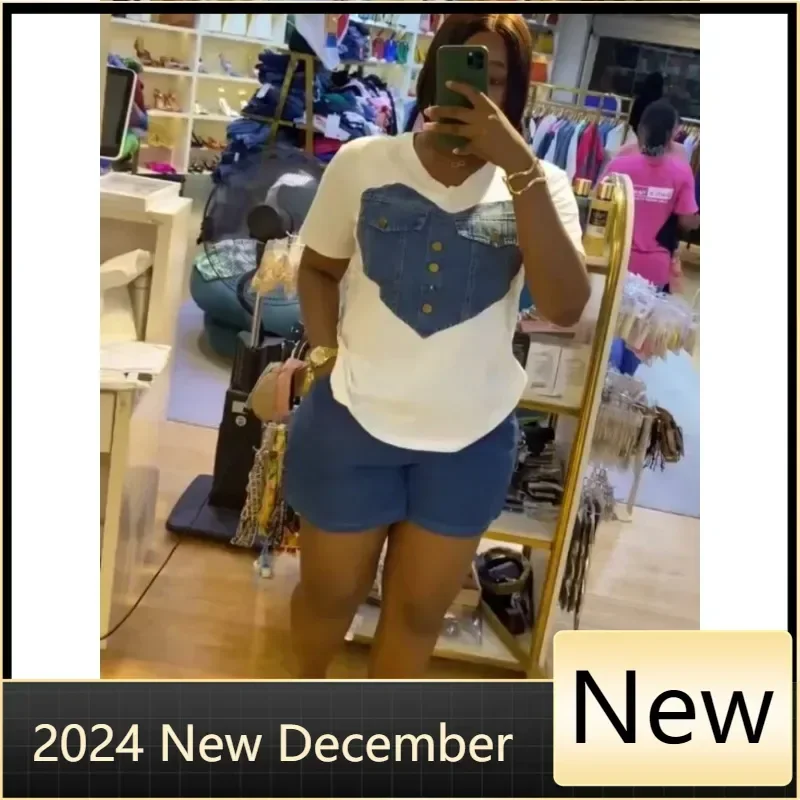 

Customized 2 Piece Women Set Dashiki African Clothes Summer New Fashion Short Sleeve Top And Denim Shorts Suit Party Lady Matchi