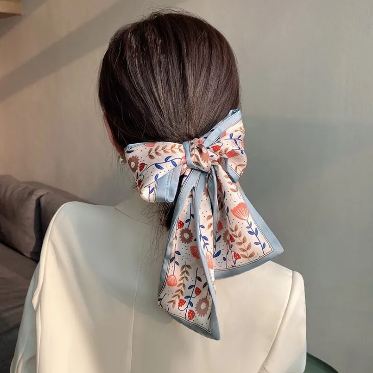 Women Silk Scarves Hair Band Chiffon Ponytail Holder Hair Ties Hair Rope Headwear Hair Accessories Long Ribbon Bow Hair Band