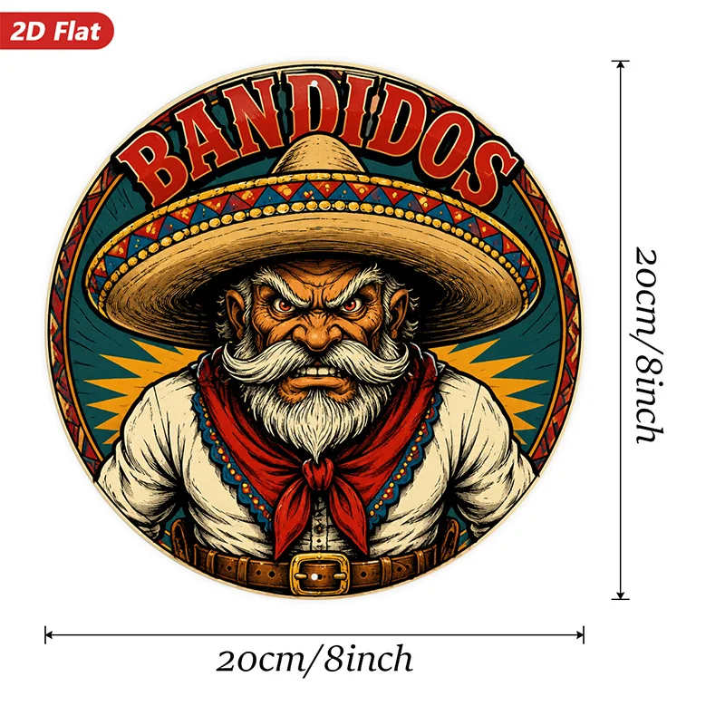 2D Flat, 1pc Outlaw Fiesta Round Metal Sign Wall Art, Home Decor, Bandido Lettering, Fierce Mustached Hombre, Wide Sombrero, Red