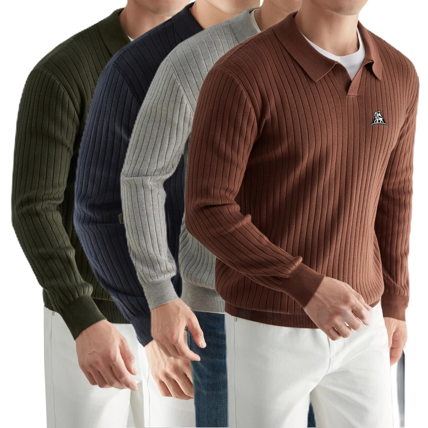 Men Old Money Style Retro Knit Polo Shirt Lapel Striped Solid Color Plus Size Light Luxury Long Sleeve Spring Autumn Tops