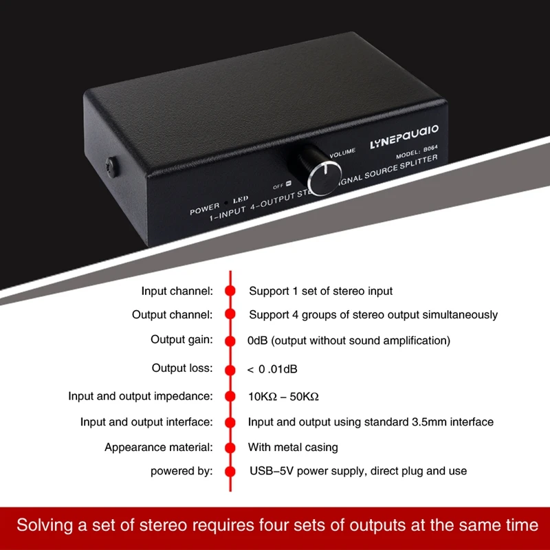 1 en 4 salidas, dispositivo distribuidor de señal de frecuencia de audio, salida sin consumo, interfaz de 3,5 mm