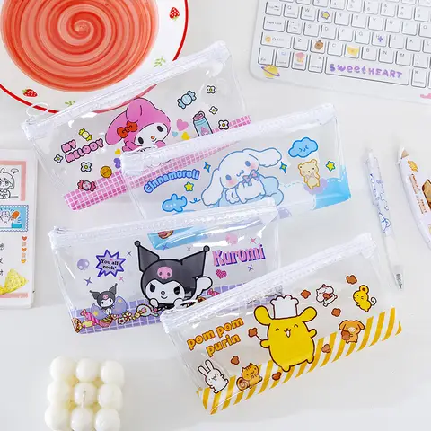 Sanrio Kawaii My Melody Kuromi 연필 케이스 귀여운 Cinnamoroll 학교 용품 학생 문구 투명 보관 대형 가방