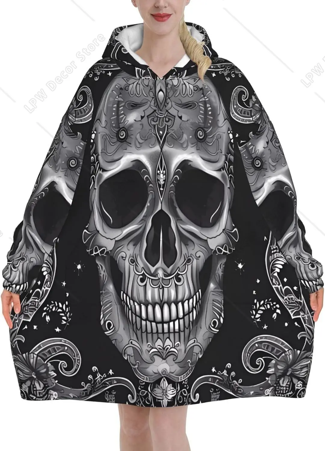 Skull Black Wearable Blanket Hoodie Skeleton Sugar Oversized Sweatshirt Blanket Cozy Warm Sherpa Hooded Blanket With Pocket
