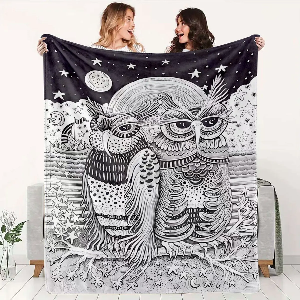 Flannel Owl Throw Blanket Bohemian Artistic Starry Night Pattern Soft And Skin-Friendly, Warm And Heat-Insulating, Suitable for