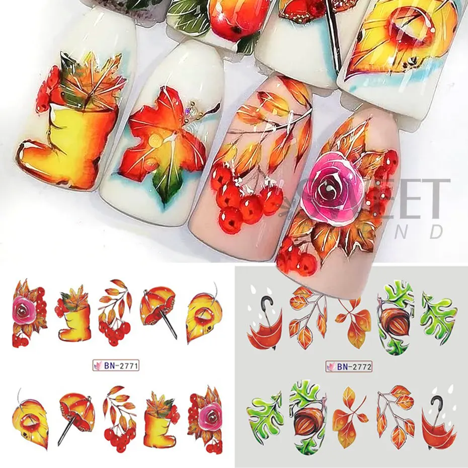 Autocollants pour les ongles, feuilles d'érable d'automne, motif dessin animé, Aliments, décalcomanies, transfert à l'eau, vernis gel, feuilles de manucure DIY, 12 pièces