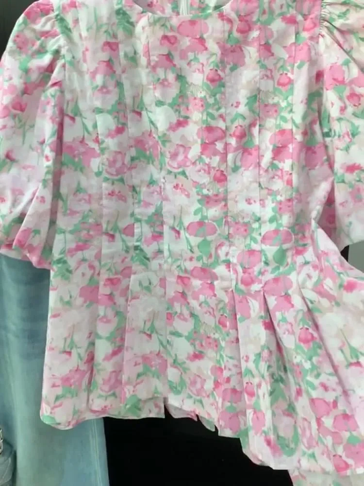 

2025 Blusas Mujer De Moda O-neck Short Sleeve Loose Pleated Shirts Blouses Floral Blouse Women Clothing Pink Summer Sweet Tops