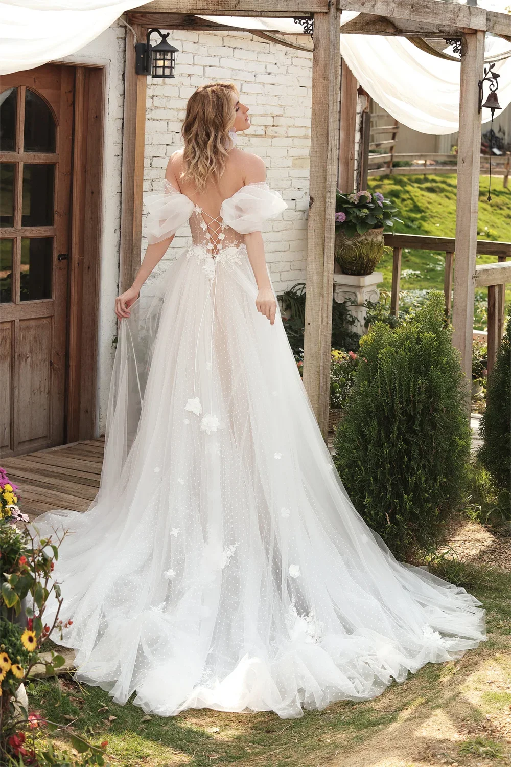 Custom Boho V-neck 3D Flower A Line Wedding Dresses Side Slit Off The Shoulder Formal Bridal Grown 2024 Rode De Morrie