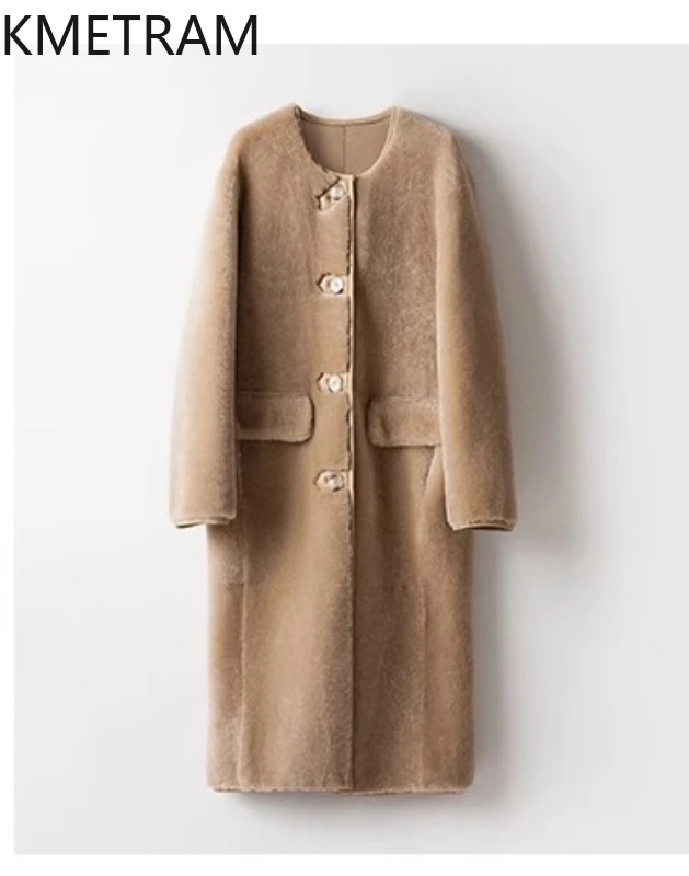 Natürliche Merinowolle Schaffell Doppelseitige Pelzjacke Frauen Mode Kamel Lange Echtpelzmantel Winter Frau Kleidung 2025, abrigos
