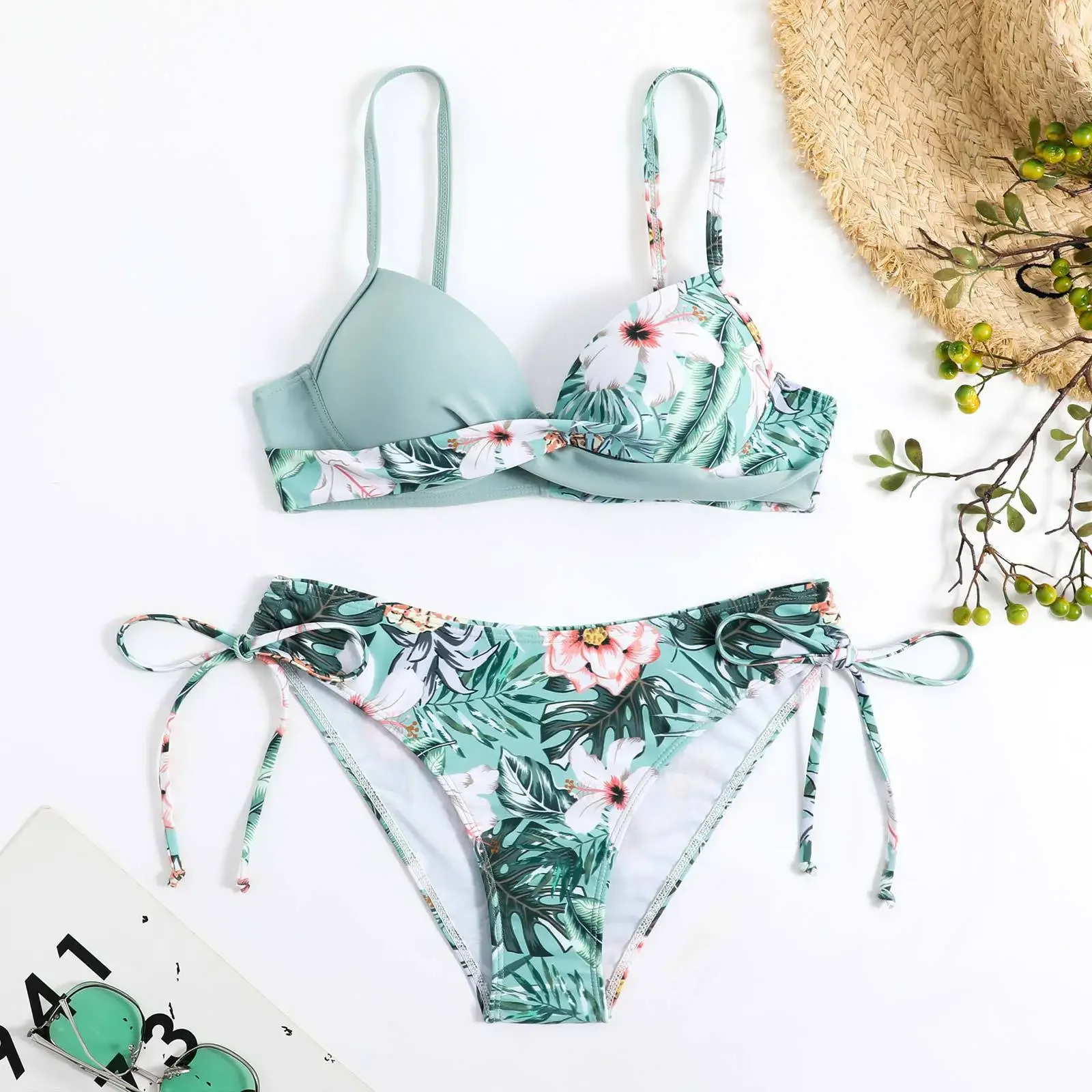 

2025 пуш-ап бикини с принтом, женский сексуальный купальник на бретелях, женский цветной блок, купальный костюм, купальный костюм, пляжная одежда