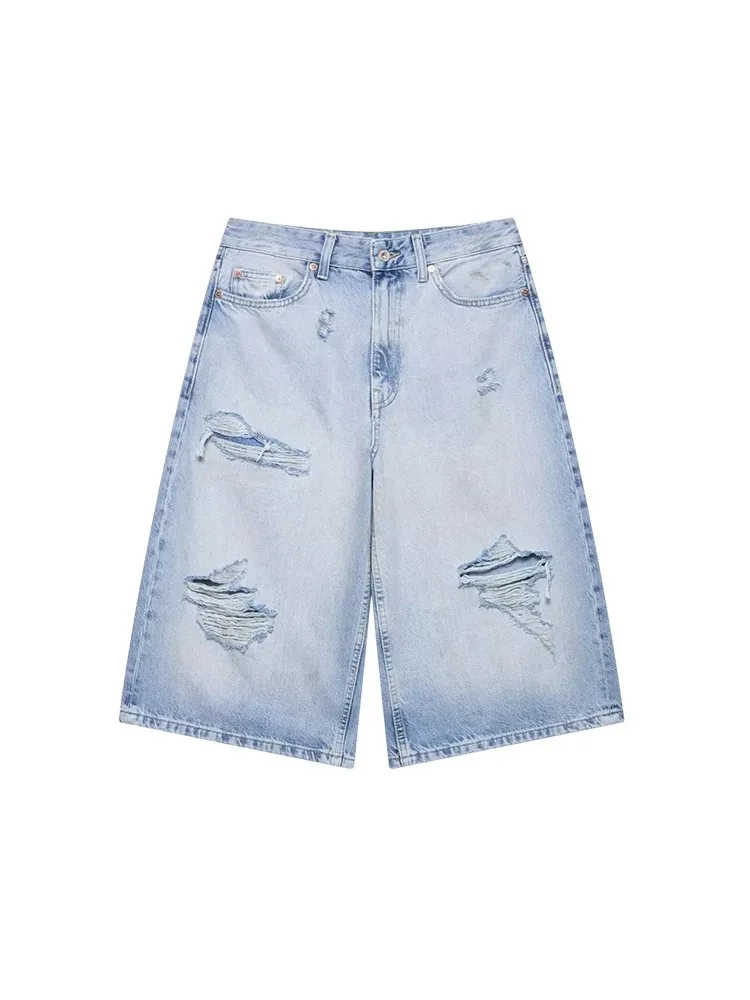 

женщин сломанной отверстие украшения средней талией семь минут джинсы лето высокая уличная мода мыть тяжелой промышленности широкие ноги шорты Элегантная женская одежда