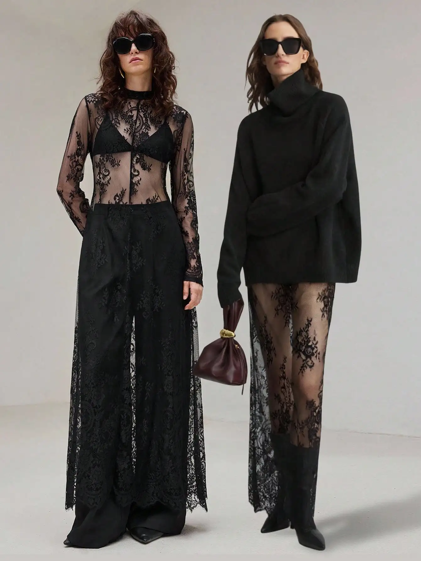 

Black Lace Long Dress for Women, Modern Urban Style, Waist-Cinching Fit, Elegant for Autumn Winter Parties & Holidays