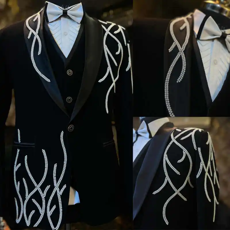 

Stunning Mens Suits 2 Pieces Jacket Pants Shawl Lapel Single Breasted Beading Pearls Special Occasion Party Customized