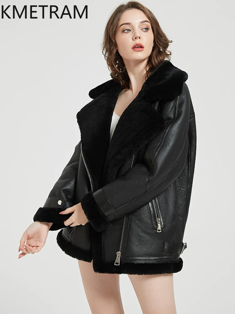 KMETRAM 100% Merino Sheepskin with Wool Atttached Fur Coat Biker Clothes 2025 Mid Length Women's Winter Jacket fourrures femmes